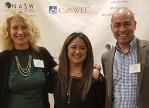 Infographic Contest winner Yenifer Gallegos-Mejia, center, is pictured with Tina Paddock (NASW-CA Image Council) and Christopher Cajski (CalSWEC)
